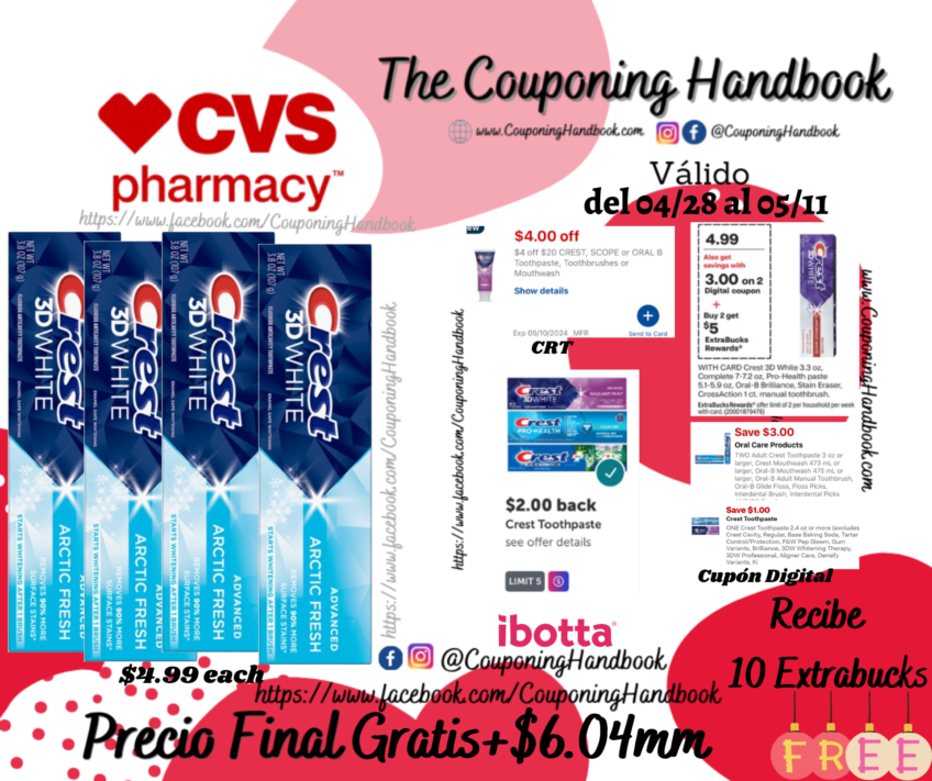 04 Crest 3D White Fluoride Anticavity Whitening Toothpaste, 3.3 Ounces Gratis