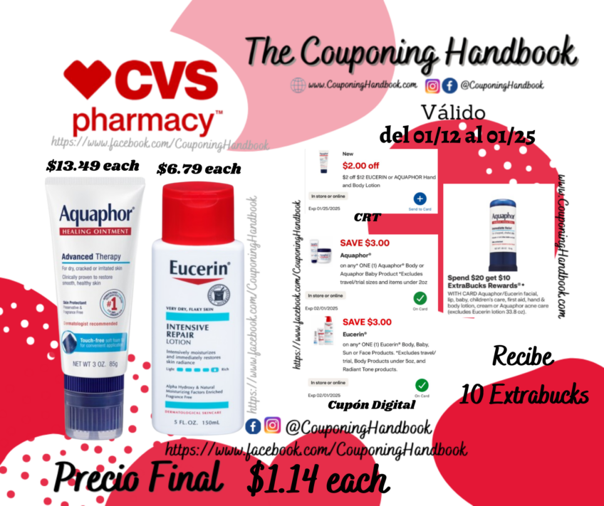 Eucerin Intensive Repair Very Dry Skin Lotion y Aquaphor Advanced Therapy No Touch Healing Ointment, 3 OZ por $1.14