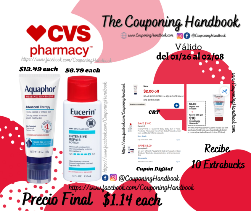 Eucerin Intensive Repair Very Dry Skin Lotion y 01 Aquaphor Advanced Therapy No Touch Healing Ointment, 3 OZ por $1.14