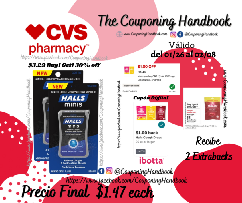 Halls Sugar Free Minis Cough Drops por $1.47