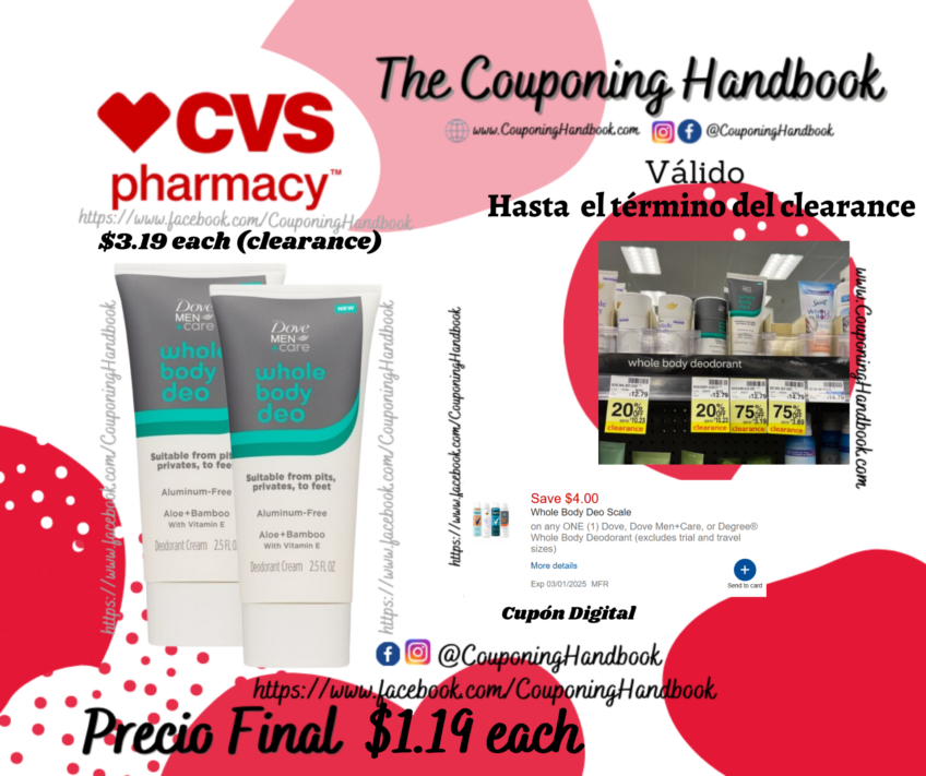 Dove Men+Care Whole Body Deodorant Cream, Aloe & Bamboo, 2.5 OZ por $1.19