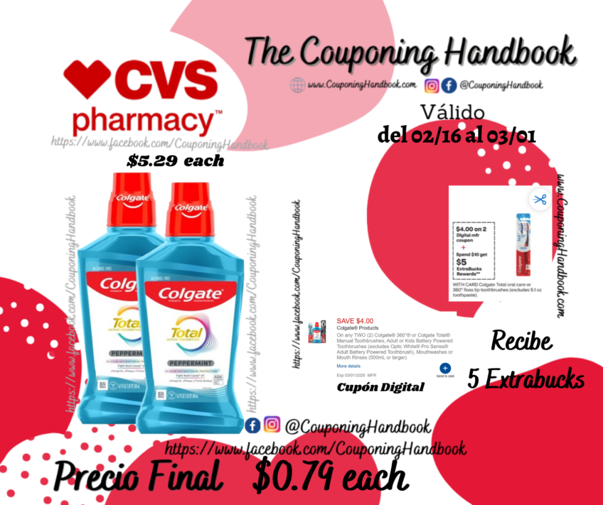 Colgate Total Antigingivitis Antiplaque Mouthwash, Peppermint, 16.9 OZ por $0.79