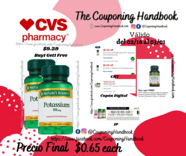 Nature’s Bounty Potassium 99mg Caplets, 100CT por $0.65