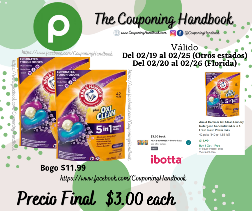 Arm & Hammer Oxi Clean Laundry Detergent, Power Paks por $3.00