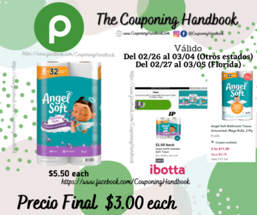 Angel Soft Bathroom Tissue, Unscented, Mega Rolls, 2-Ply 8 rolls por $3.00