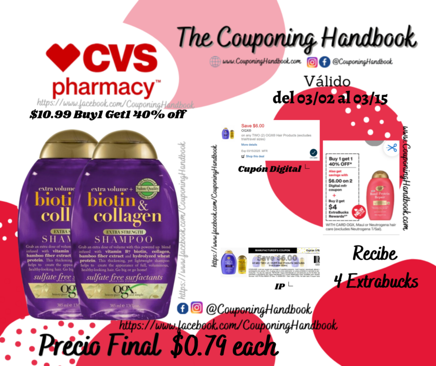 OGX Extra Strength Thick & Full + Biotin & Collagen Shampoo, 13 OZ por $0.79