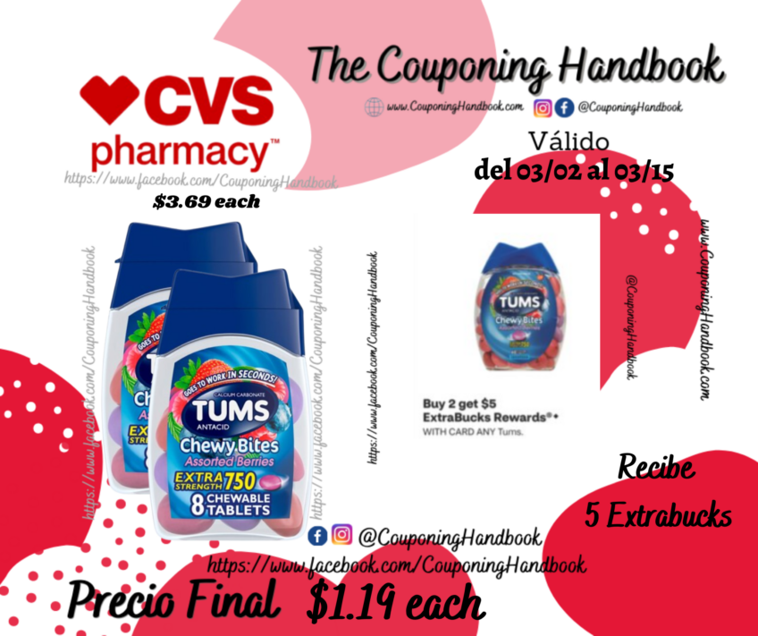 TUMS Antacid Chewy Bites Chewable Tablets, 8 Count por $1.19