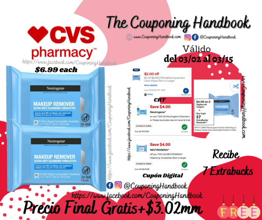 02 Neutrogena Makeup Remover Cleansing Towelettes, 25CT Gratis