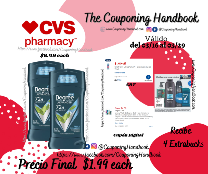 Degree Advanced 72-Hour Antiperspirant & Deodorant Stick, 2.7 OZ por $1.99