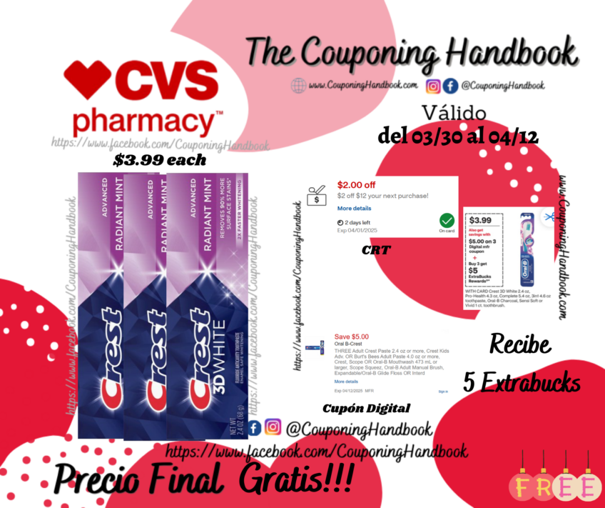 03 Crest 3D White Fluoride Anticavity Whitening Toothpaste Gratis