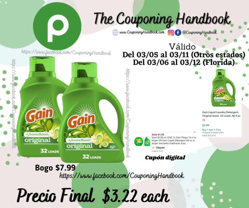 Gain Liquid Laundry Detergent, Original Scent, 32 Loads, 46 fl oz por $3.22