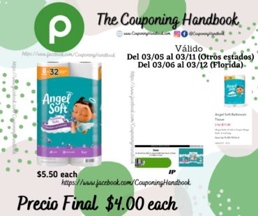 Angel Soft Bathroom Tissue, Unscented, Mega Rolls, 2-Ply 8 rolls por $4