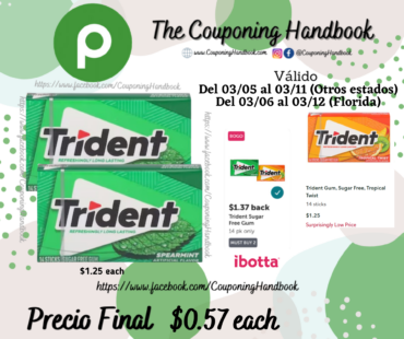Trident Gum, Sugar Free, Spearmint por $0.57