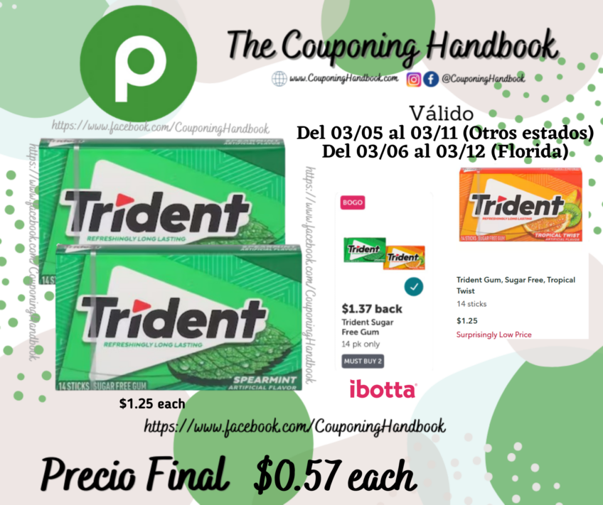 Trident Gum, Sugar Free, Spearmint por $0.57