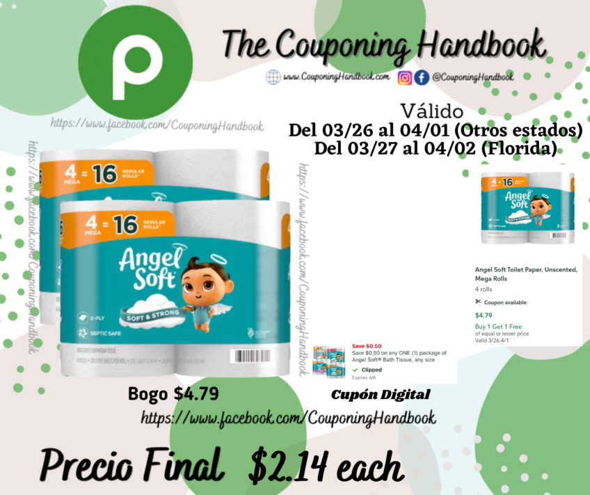 Angel Soft Toilet Paper, Unscented, Mega Rolls por $2.14