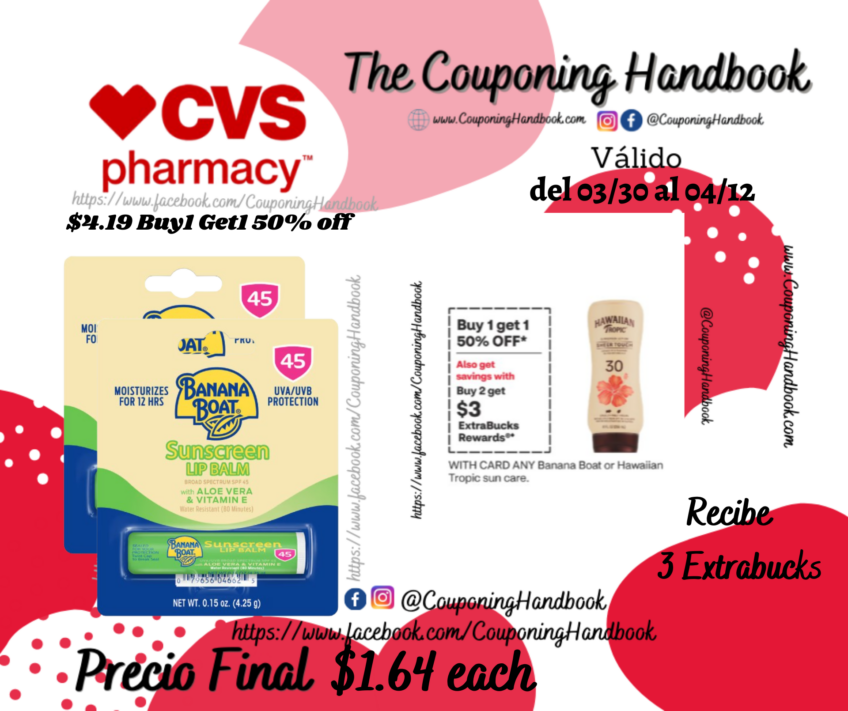 Banana Boat Lip Balm Sunscreen SPF 45, 0.15 oz por $1.64