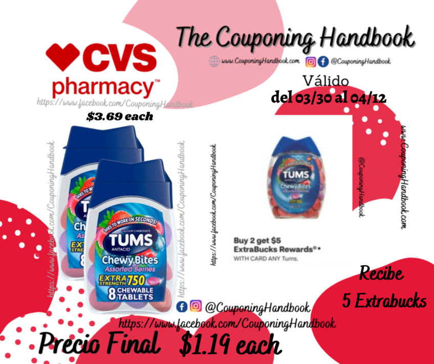 TUMS Antacid Chewy Bites Chewable Tablets, 8 Count por $1.19