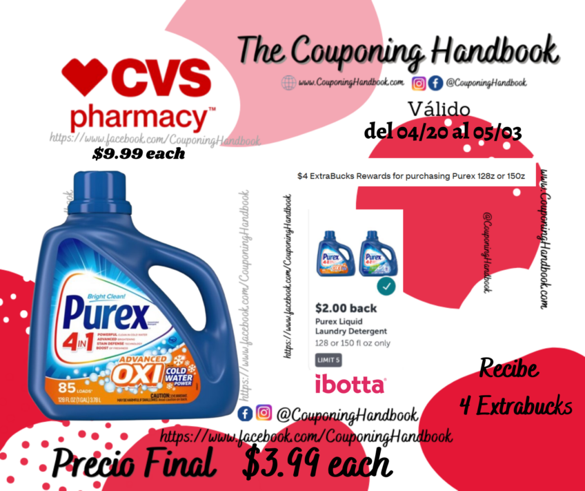 Purex Advanced Oxi + Coldwater Power Liquid Laundry Detergent, 128 oz por $3.99