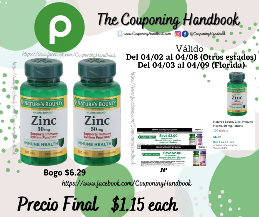 Nature’s Bounty Zinc, Immune Health, 50 mg, Tablets 100 tablets por $1.15