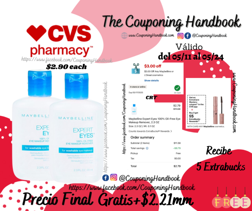 02 Maybelline Expert Eyes 100% Oil-Free Eye Makeup Remover, 2.3 OZ Gratis