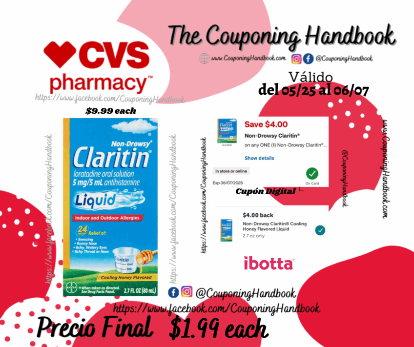 Claritin 24HR Non Drowsy Liquid Allergy Syrup, Cooling Honey, 2.7 OZ por $1.99