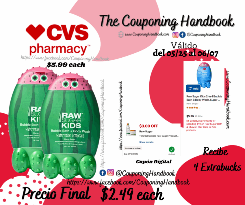 Raw Sugar Kid’s 2 in 1 Body Wash & Bubble Bath Watermelon Lemonade por $2.49