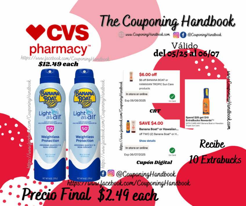 Banana Boat Light as Air SPF 50 Sunscreen Spray, 6 OZ por $2.49