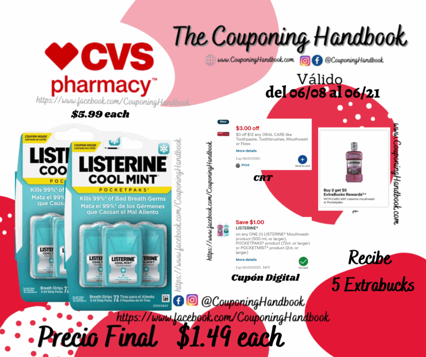 Listerine Pocketpaks Breath Strips, Cool Mint, 24 count, 3 Pack por $1.49