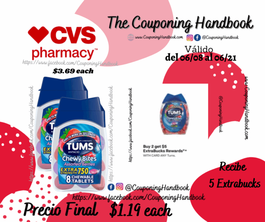 TUMS Antacid Chewy Bites Chewable Tablets, 8 Count por $1.19