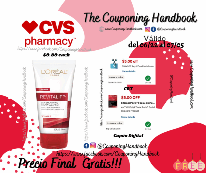 Face Wash L’Oreal Paris RevitaLift Radiant Smoothing Cream Cleanser, 5 OZ Gratis