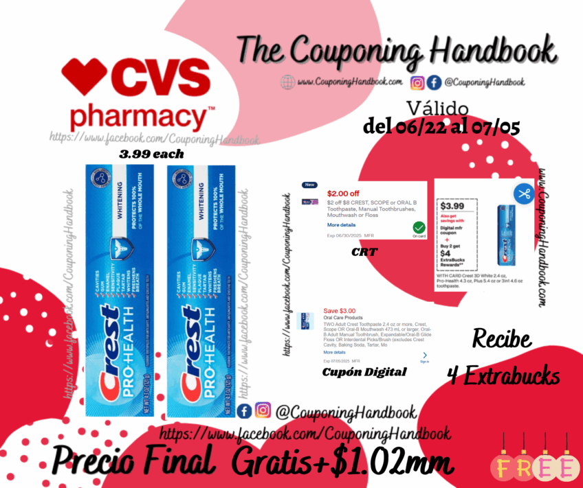 02 Crest Pro-Health Whitening Anticavity Fluoride Toothpaste, 4.3 OZ Gratis