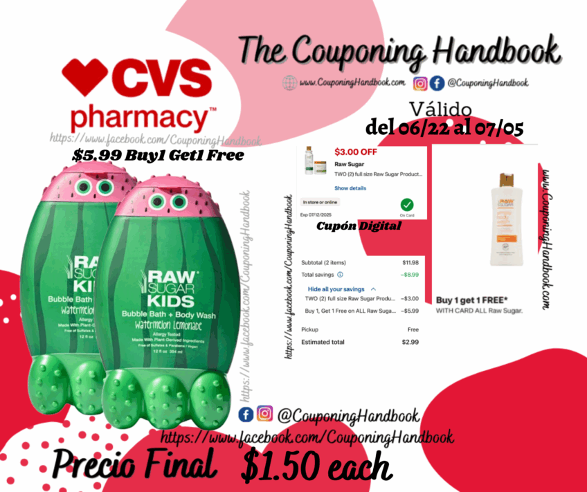 Raw Sugar Kid’s 2 in 1 Body Wash & Bubble Bath Watermelon Lemonade por $1.50