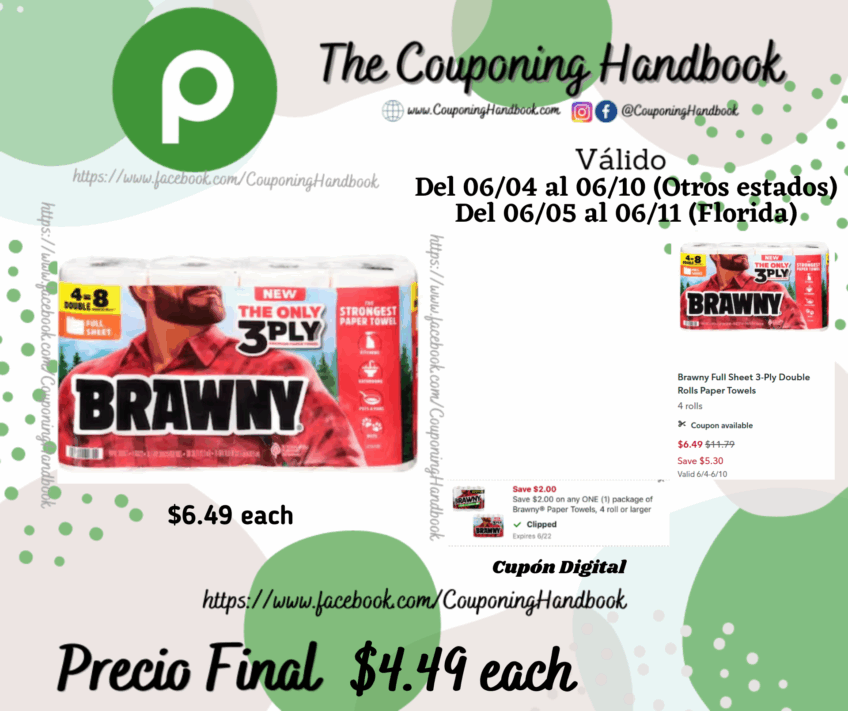 Brawny Full Sheet 3-Ply Double Rolls Paper Towels 4 rolls por $4.49