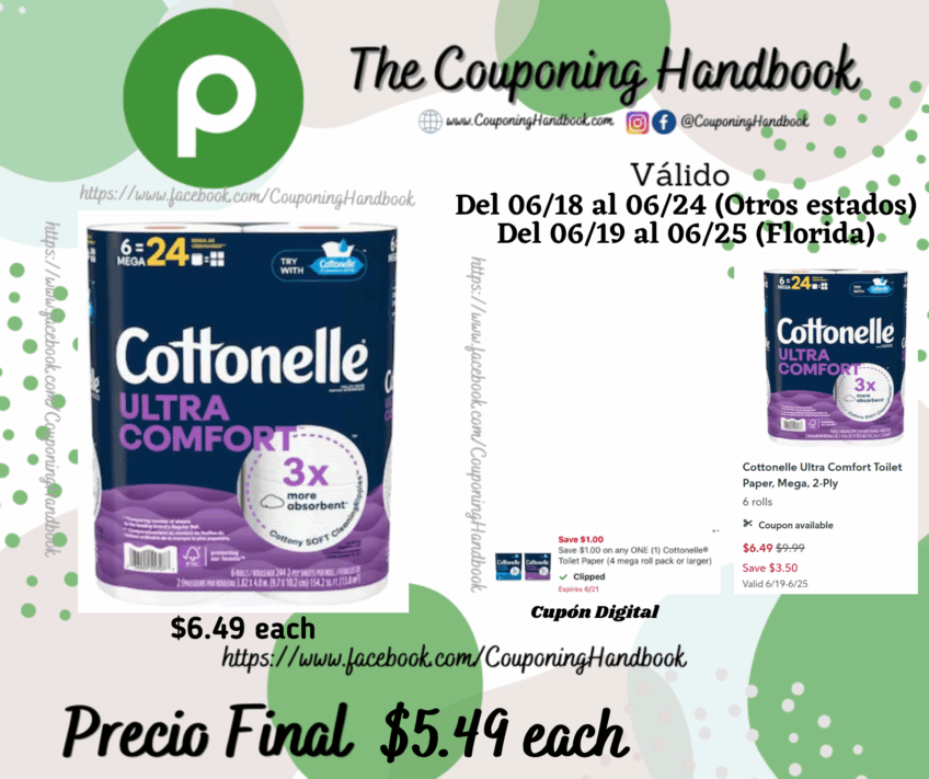 Cottonelle Ultra Comfort Toilet Paper, Mega, 2-Ply 6 rolls por $5.49