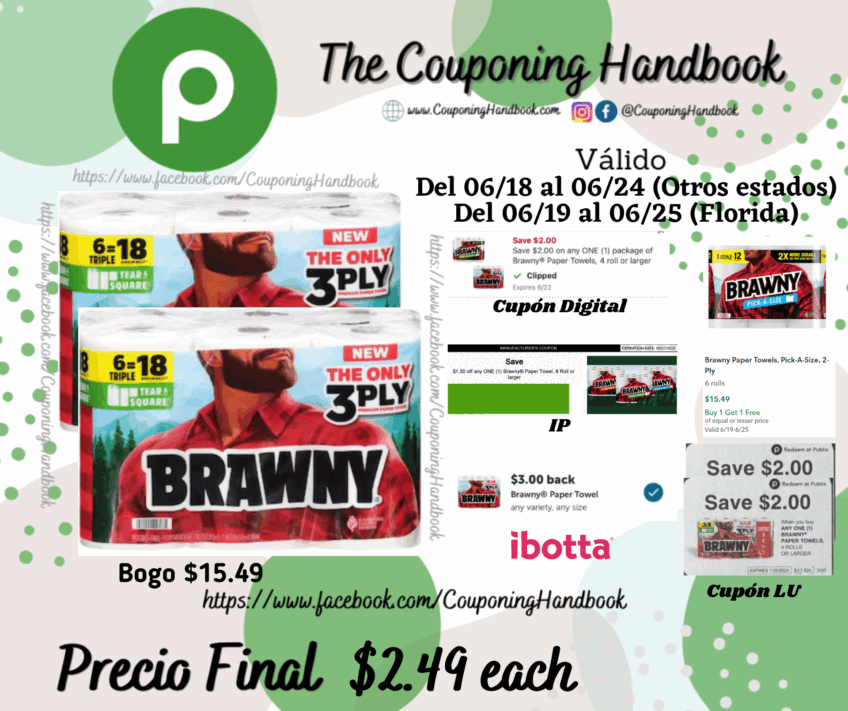 Brawny Tear-A-Square 3-Ply Triple Rolls Paper Towels 6 rolls por $2.49