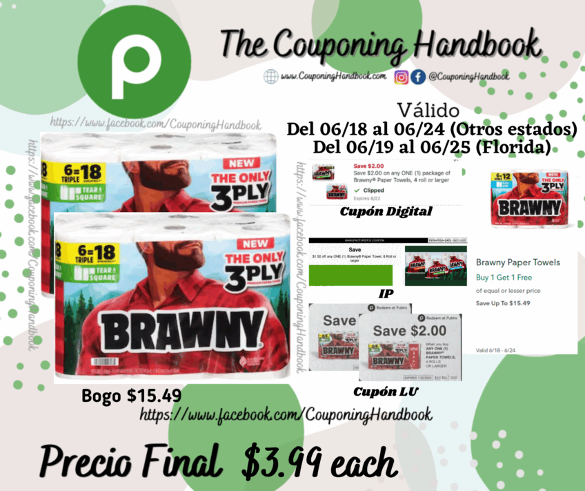 Brawny Tear-A-Square 3-Ply Triple Rolls Paper Towels 6 rolls por $3.99