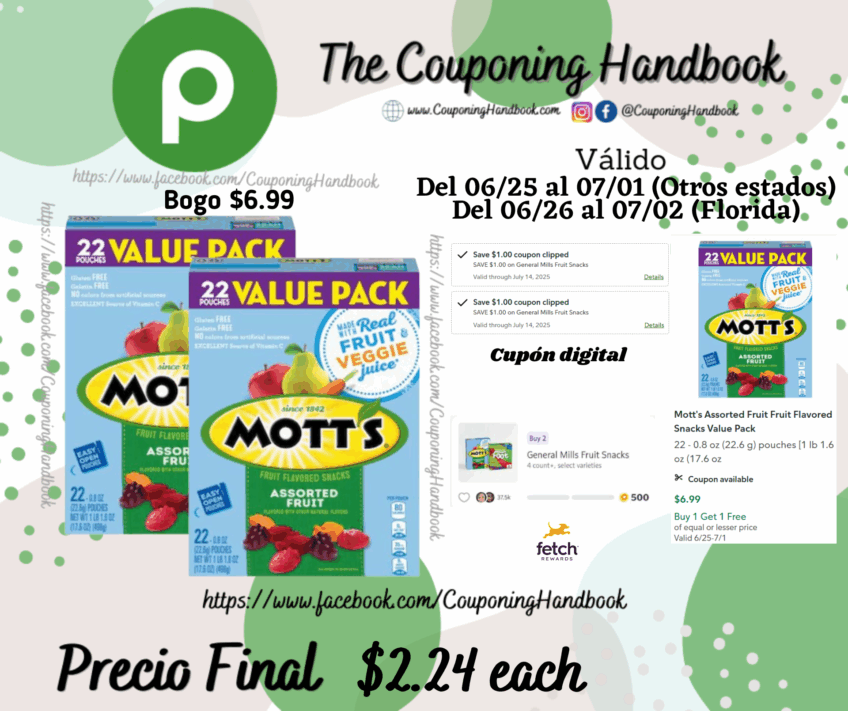 Mott’s Assorted Fruit Fruit Flavored Snacks Value Pack por $2.24