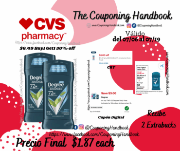 Degree Advanced 72-Hour Antiperspirant & Deodorant Stick, 2.7 OZ por $1.89