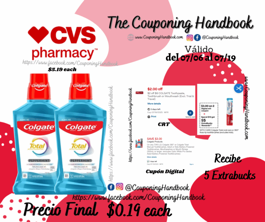 Colgate Total Antigingivitis Antiplaque Mouthwash, Alcohol-Free, Peppermint, 16.9 OZ por $0.19