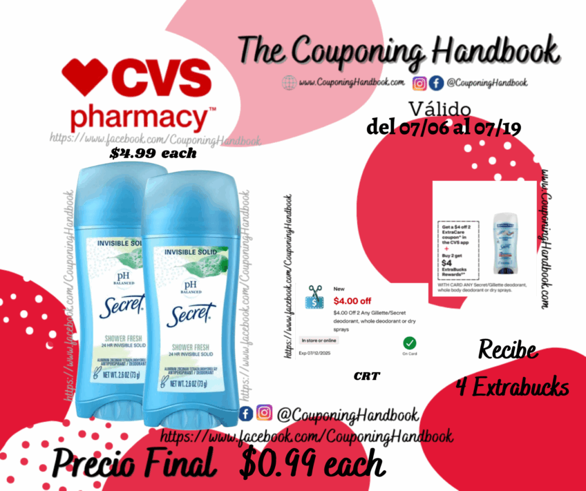 Secret 24-Hour Antiperspirant & Deodorant Stick, Shower Fresh, 2.6 OZ por $0.99