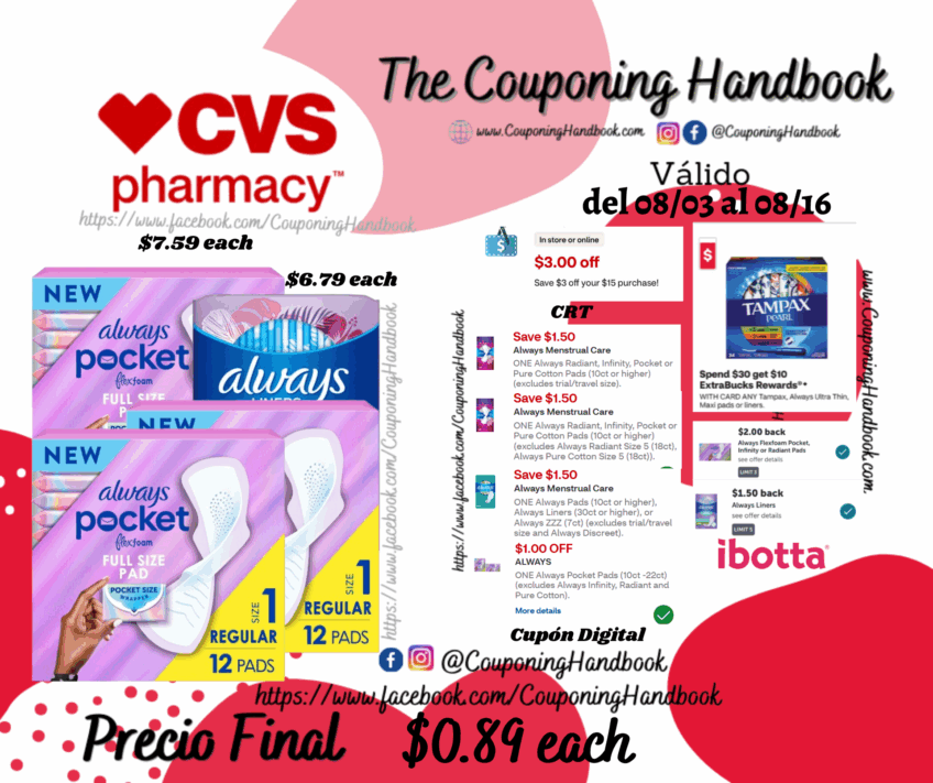 Always Pads or liners por $0.89