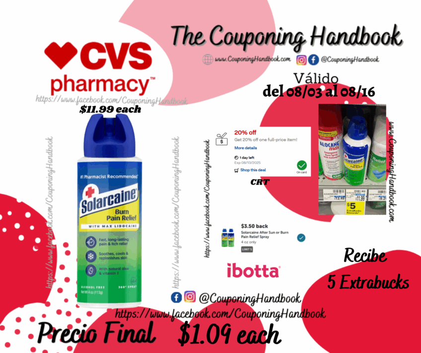 Solarcaine Burn Pain Relief Spray, 4.0 OZ por $1.09