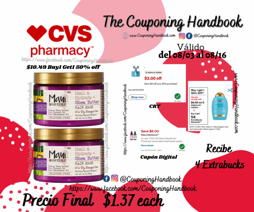 Maui Moisture Heal & Hydrate Shea Butter Hair Mask, 12 OZ por $1.37