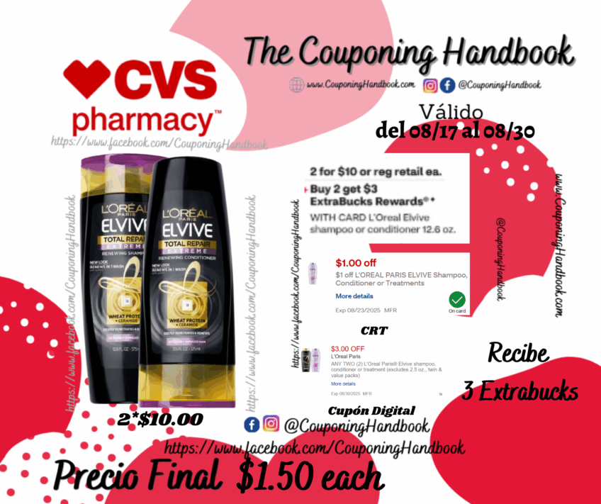 L’Oreal Paris Elvive Total Shampoo or conditioner por $1.50