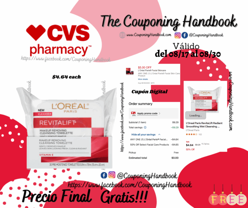 L’Oreal Paris RevitaLift Radiant Smoothing Wet Cleansing Towelettes, 30/Pack Gratis