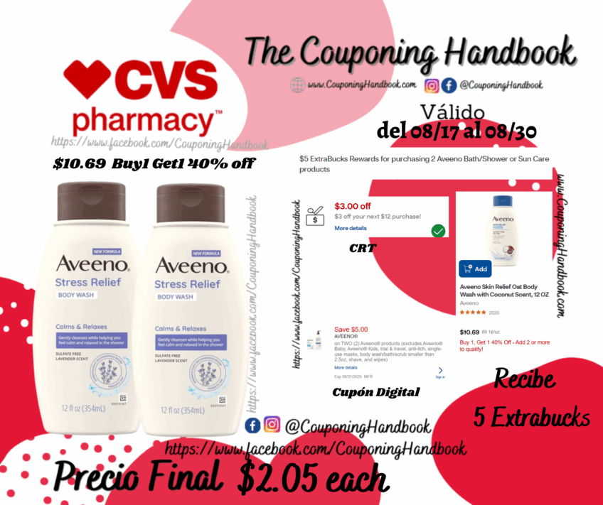 Aveeno Stress Relief Body Wash por $2.05