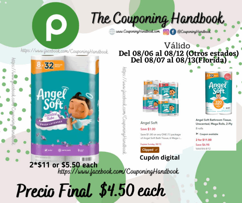 Angel Soft Bathroom Tissue, Fresh Lavender, Scented Tube, Mega Rolls, 2-ply por $4.50