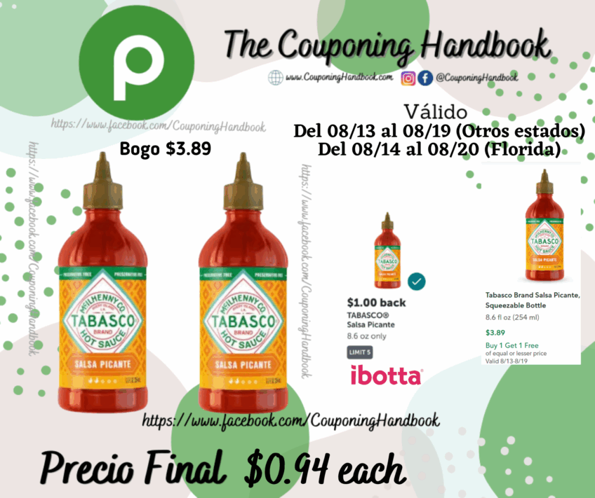 Tabasco Brand Salsa Picante, Squeezable Bottle por $0.94