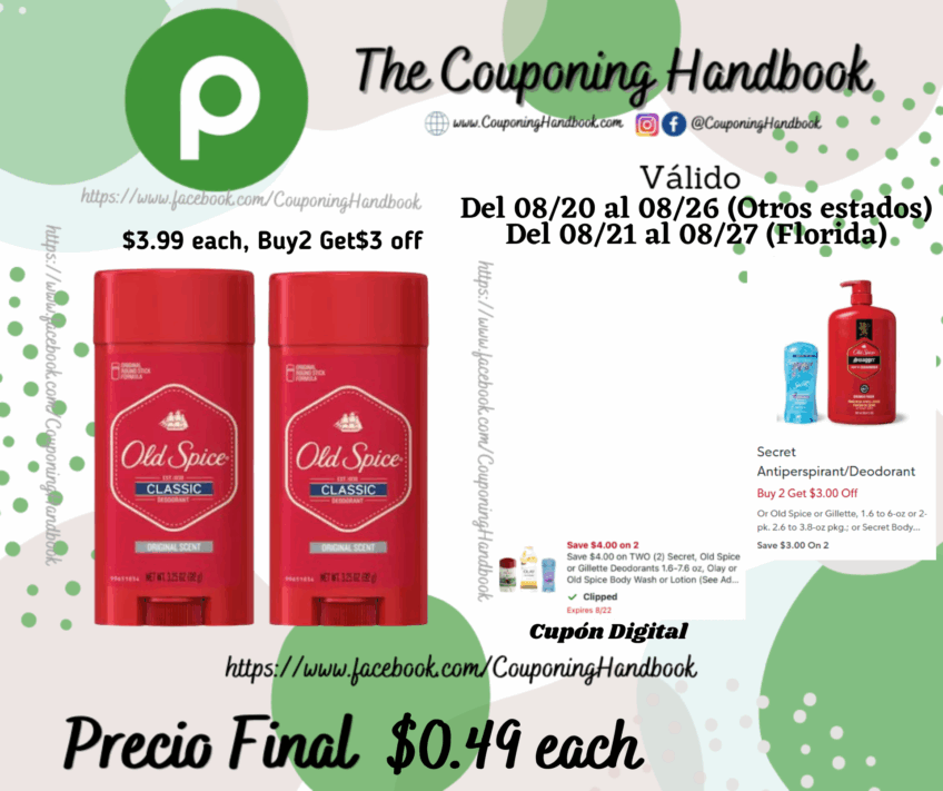 Old Spice Classic Original Scent Deodorant for Men, 3.25 oz por $0.49