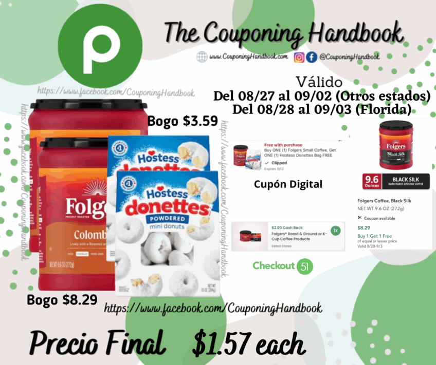 Folgers Coffee Ground y Hostess Donettes Powdered Mini Donuts por $1.57